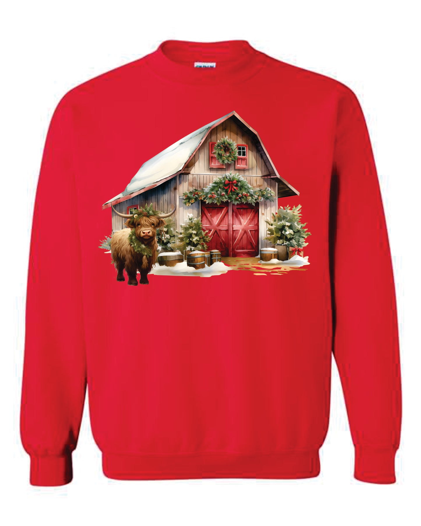 Highland Cow by Barn Hooded and Crewneck