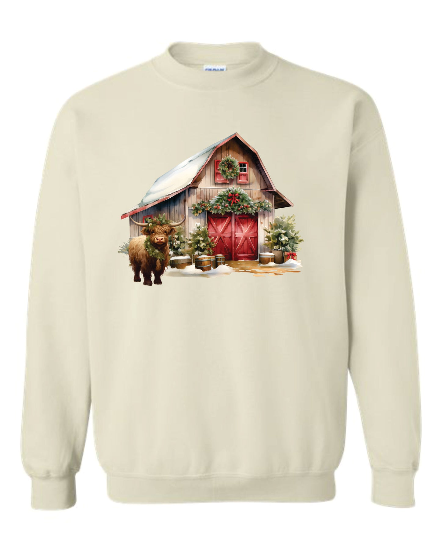 Highland Cow by Barn Hooded and Crewneck